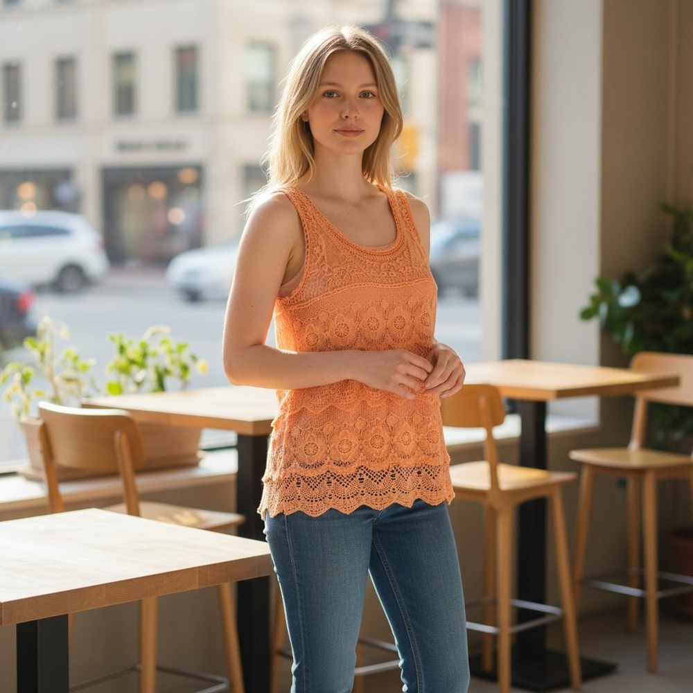 315🌼3 for $15🦋 JENNIE & MARLIS‎ Tank Cotton  Crocheted Lace Peach Small Medium